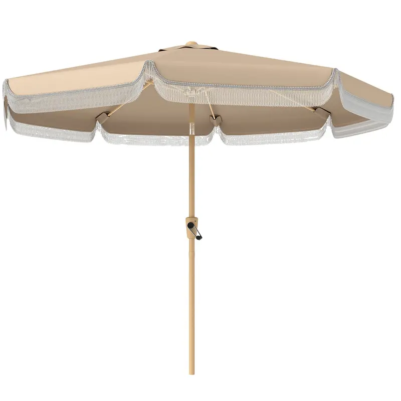 9Ft Fringed Patio Umbrella With Push Button Tilt And Crank, Khaki 2