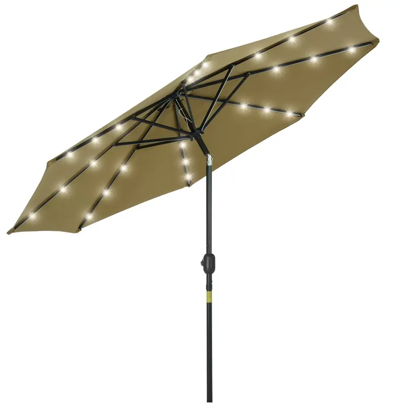 9Ft Solar Patio Umbrella Outdoor Sunshade 24 Led Lights Tilt Canopy, Brown 1