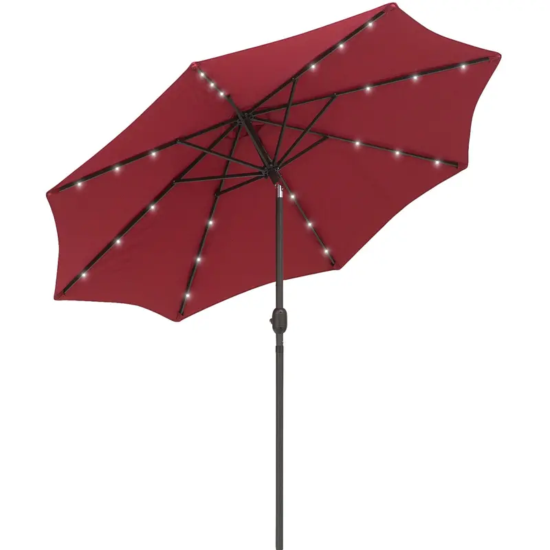 9Ft Solar Patio Umbrella Outdoor Sunshade 24 Led Lights Tilt Canopy, Wine Red 1