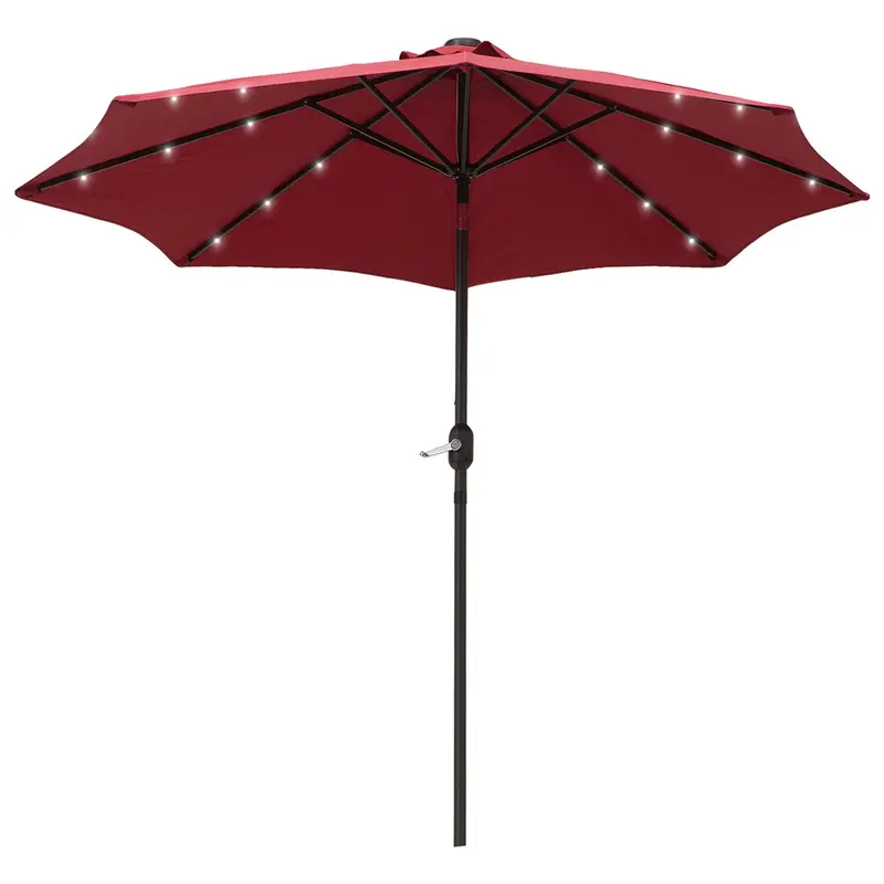 9Ft Solar Patio Umbrella Outdoor Sunshade 24 Led Lights Tilt Canopy, Wine Red 2
