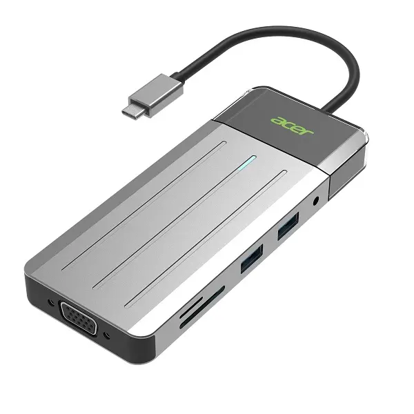 Acer Zl.Dck11.005 Odk3k0 Usb-C 9-In-1 Travel Dock With 2X Usb3.2 Gen1 5Gbps, Hdmi 4K@30Hz, Vga 1080P@60Hz, Glan, Sd & Tf Card Slot And 3.5Mm Aux Jack And Usb-C 100W (Max) Power Delivery - Grey Colour 1