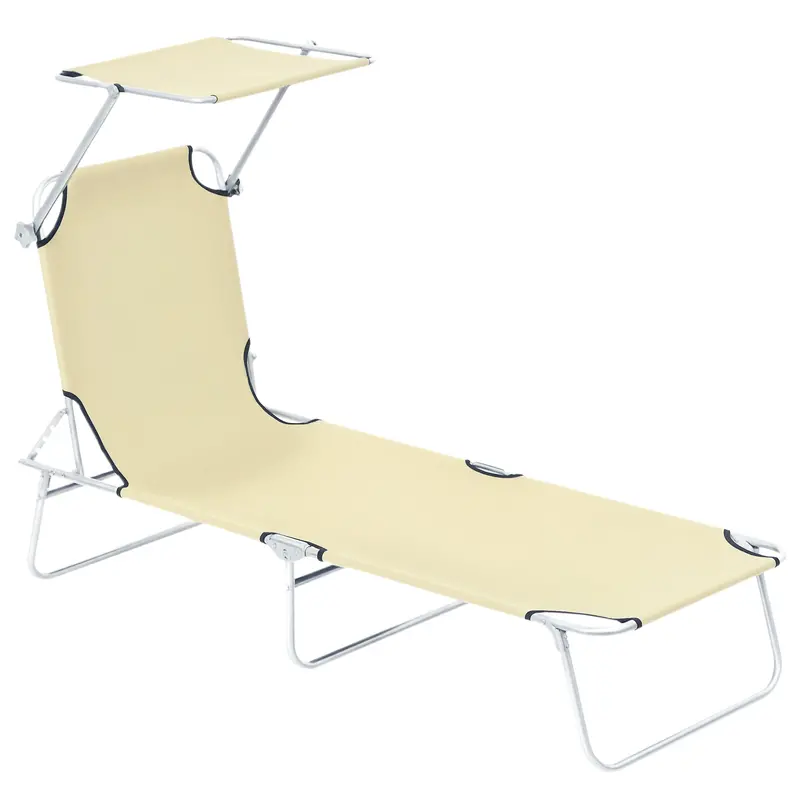 Adjustable Folding Lounge Chair With Sun Shade, Beige 1