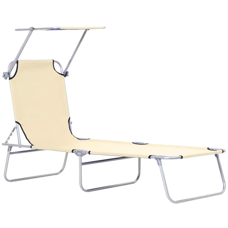 Adjustable Folding Lounge Chair With Sun Shade, Beige 2