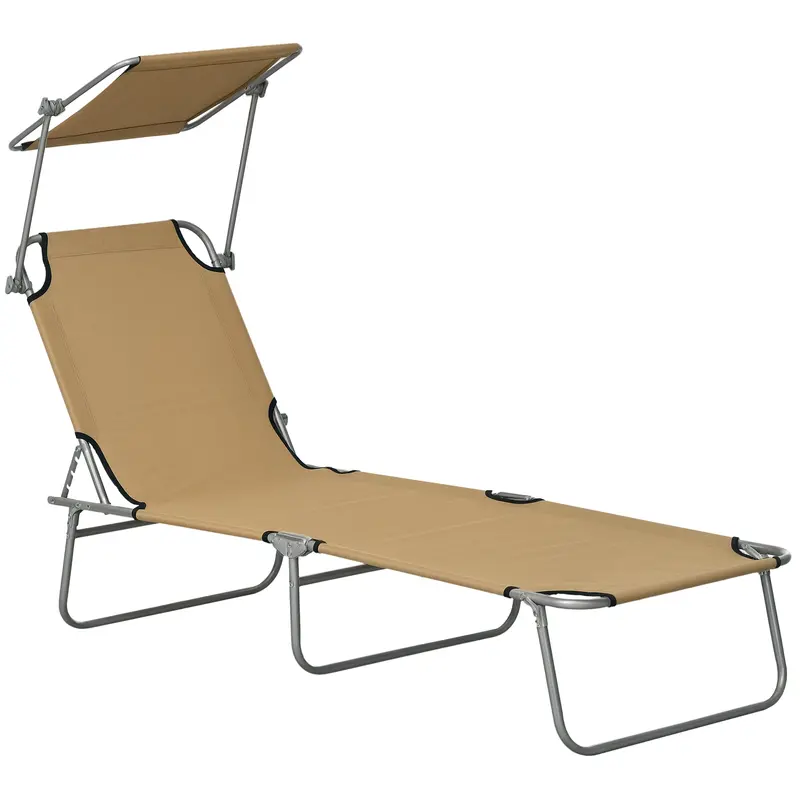 Adjustable Folding Lounge Chair With Sun Shade, Brown 1