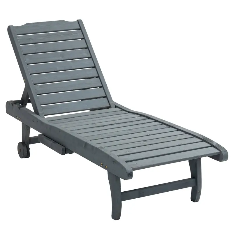 Adjustable Lounge Chair, Outdoor Patio Chaise Recliner With Pull-Out Tray And 2 Wheels, Grey 1