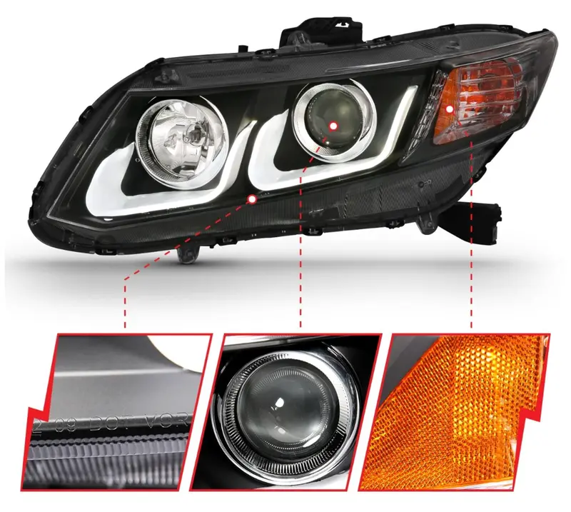 Anzo 2012-2013 Honda Civic 2 Dr / 2012-2015 4 Dr Projector Headlights U-Bar Black Clear 2