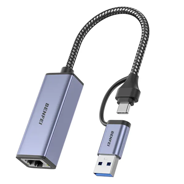 Benfei Dual Usb-A / C 3.0 Male To Rj45 Gigabit Ethernet Female Adapter With Nickle-Plated Connectors And Supports Network Speed Up To 1000Mbps - Grey Colour 1