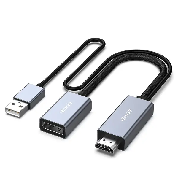 Benfei Hdmi Male To Displayport Female Adapter With Usb-A Power Port Male And Supports Resolution Up To 4K@60Hz, Simultaneously Sync Video And Audio And Solid Nickle-Plated Connectors - Grey Colour 1
