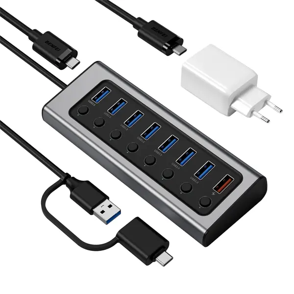 Benfei Usb-A 3.0 7-Port Data Sync Powered Hub Built With Non-Detachable Usb-C-To-Usb-A 3.0 Cable, 1X Usb-A Bc 1.2 Charging Port And Included 45W Pd Gan Charger – Grey Colour 1