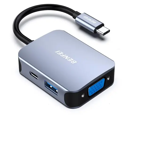 Benfei Usb-C 4-In-1 Hub With Premium Aluminium Alloy Casing And Built With 1X Hdmi (4K@30Hz), Vga 1080P@60Hz, 1X Usb3.0 5Gbps Female And Usb-C 100W (Max) Powerdelivery - Grey Colour 1