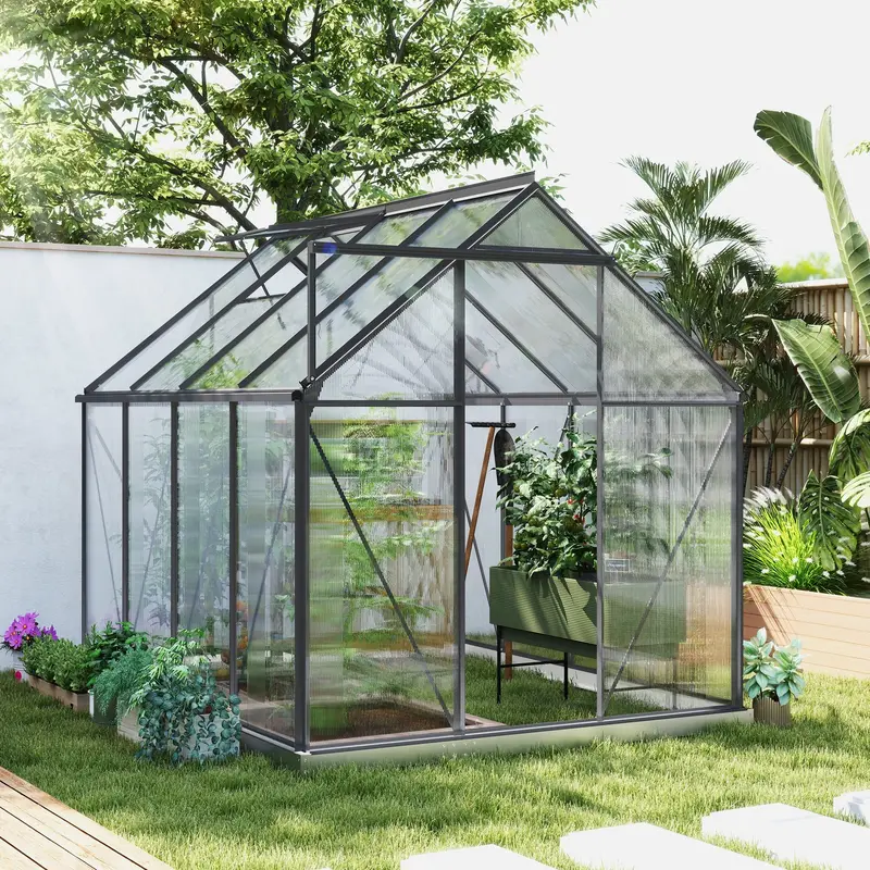 Bloomgreen 6' X 8' X 6.5' Polycarbonate Greenhouse With Adjustable Roof Vent & Sliding Door, Charcoal Grey 1