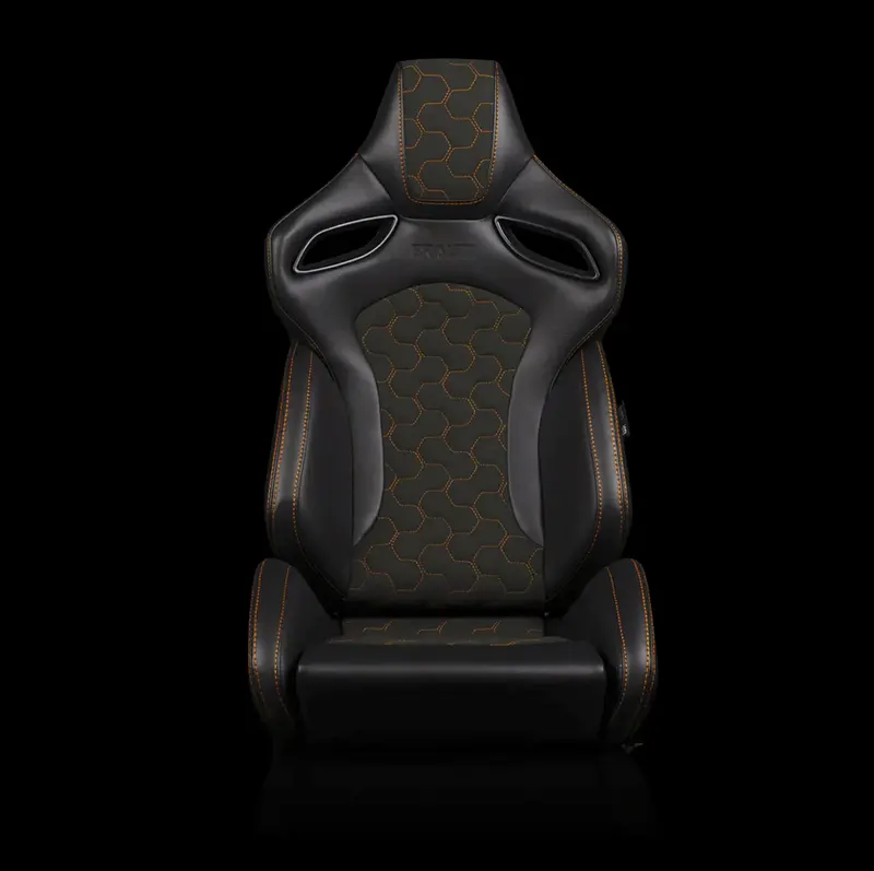 Braum Orue-S Series Sport Reclinable Seats | Black Leatherette | Honeycomb Alcantara | Orange Stitching (Priced Per Pair) 2