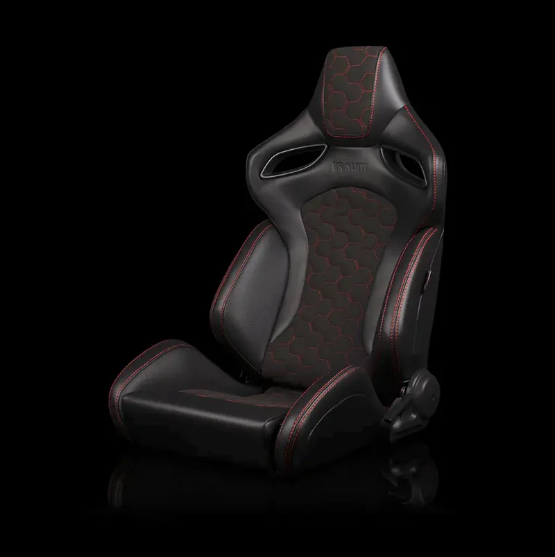 Braum Orue-S Series Sport Reclinable Seats | Black Leatherette | Honeycomb Alcantara | Red Stitching (Priced Per Pair) 1