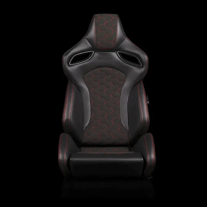 Braum Orue-S Series Sport Reclinable Seats | Black Leatherette | Honeycomb Alcantara | Red Stitching (Priced Per Pair) 2