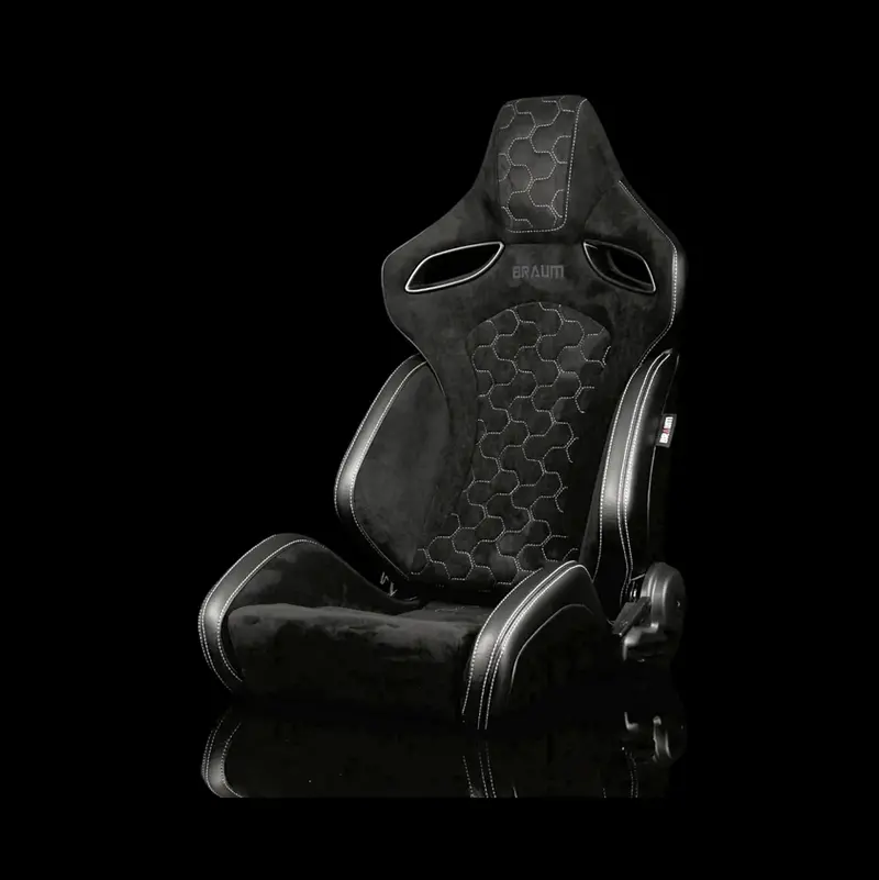 Braum Orue-S Series Sport Reclinable Seats | Black Leatherette | Honeycomb Alcantara | White Stitching (Priced Per Pair) 1