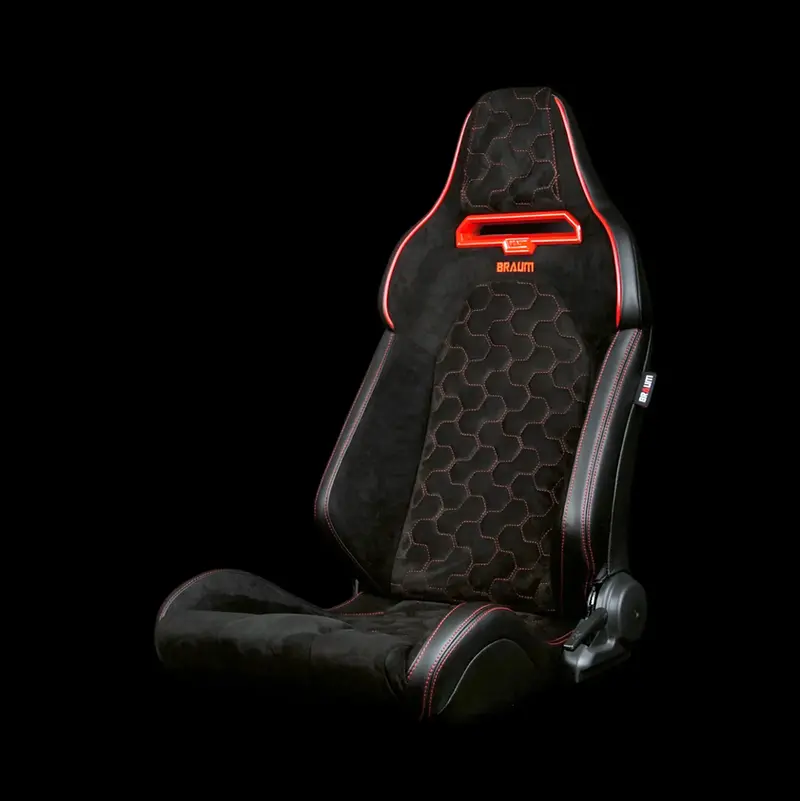 Braum Viper-X Series Sport Reclinable Seats | Black Alcantara | Honeycomb Red Stitching | Red Grommets (Priced Per Pair) 1