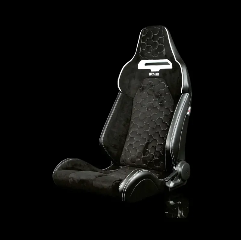Braum Viper-X Series Sport Reclinable Seats | Black Alcantara | Honeycomb White Stitching | White Grommets (Priced Per Pair) 1