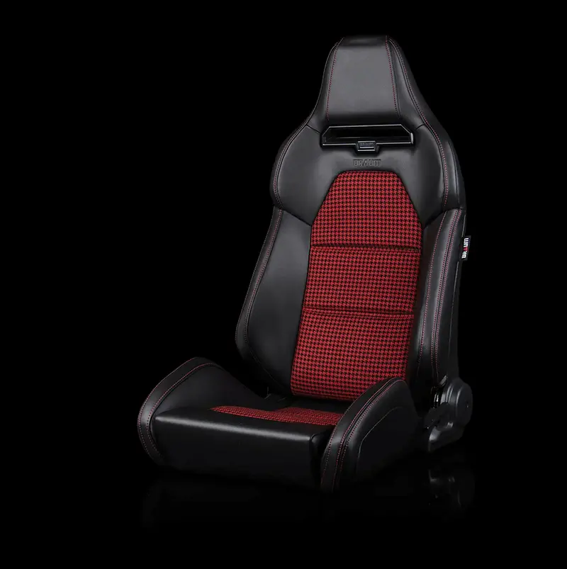 Braum Viper-X Series Sport Reclinable Seats | Black Leatherette | Red Houndstooth Fabric (Priced Per Pair) 1