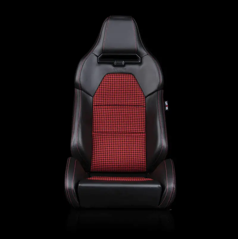 Braum Viper-X Series Sport Reclinable Seats | Black Leatherette | Red Houndstooth Fabric (Priced Per Pair) 2