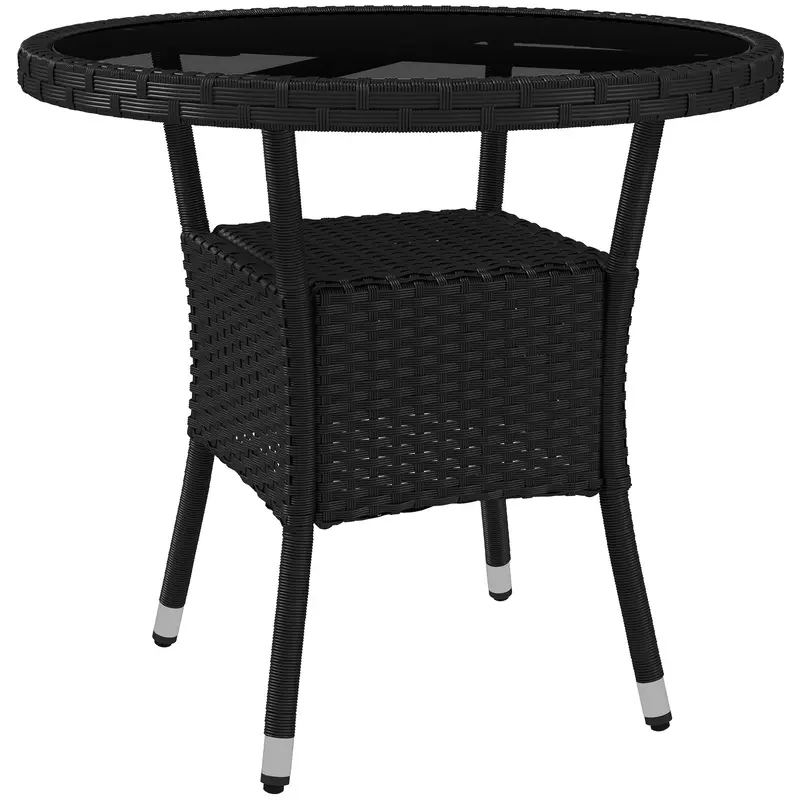 |Μ 31.5" Outdoor Pe Rattan Wicker Dining Table With Glass Top & 2-Tier Storage Shelf, Black 1