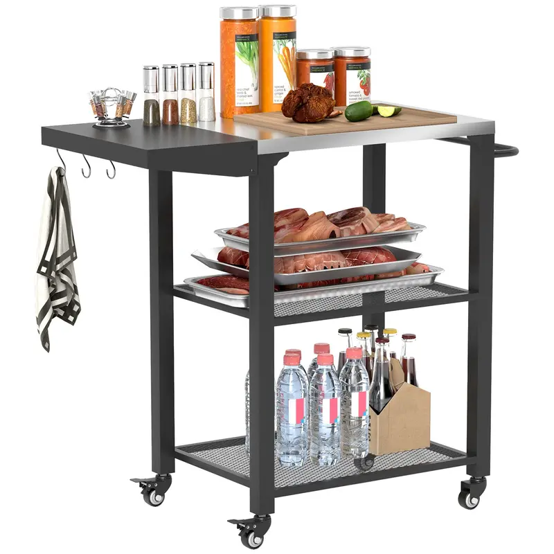 Compact 3-Shelf Grill Cart With Foldable Side Table & Steel Tabletop 1
