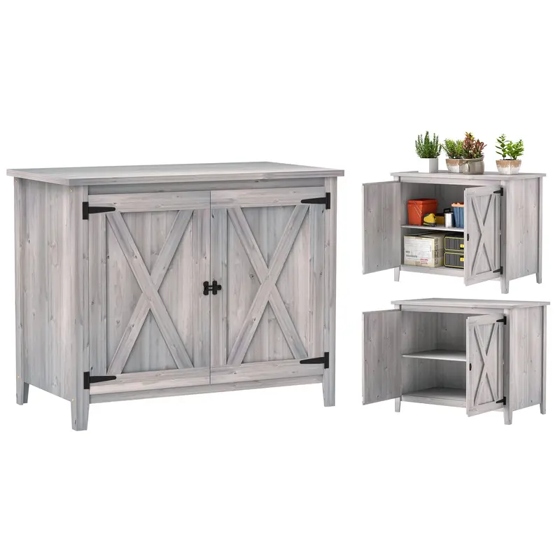 Compact Wood Garden Shed With Inner Shelf And Double Doors, 43.3" X 23.6" X 34.8", Light Grey 1