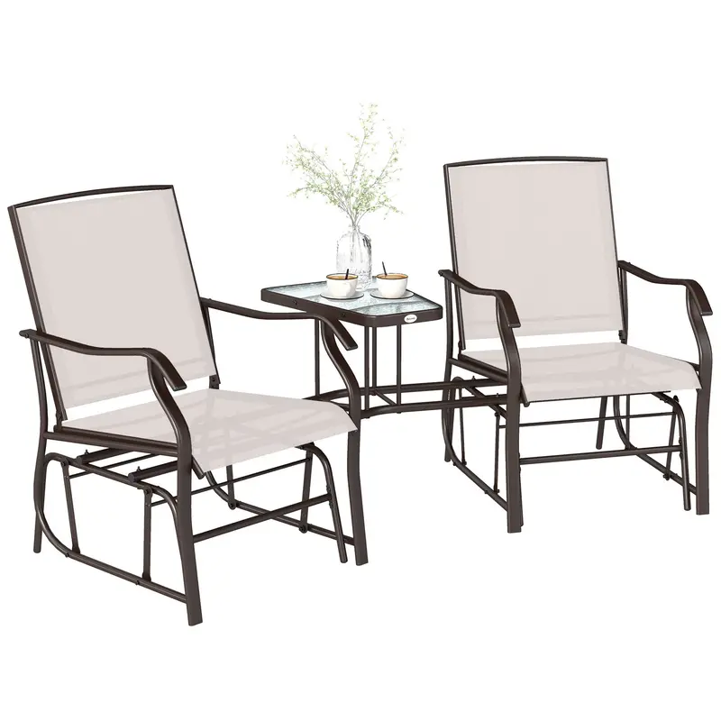 Double Patio Glider Chair With Glass Top Center Table, All Weather Breathable Mesh Fabric, Beige 1