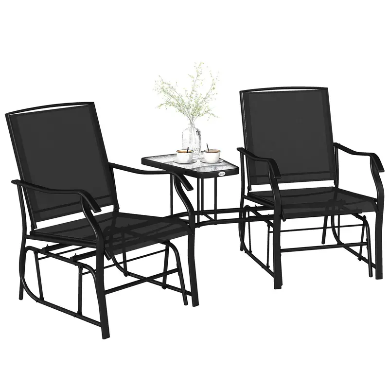 Double Patio Glider Chair With Glass Top Center Table, All Weather Breathable Mesh Fabric, Black 1