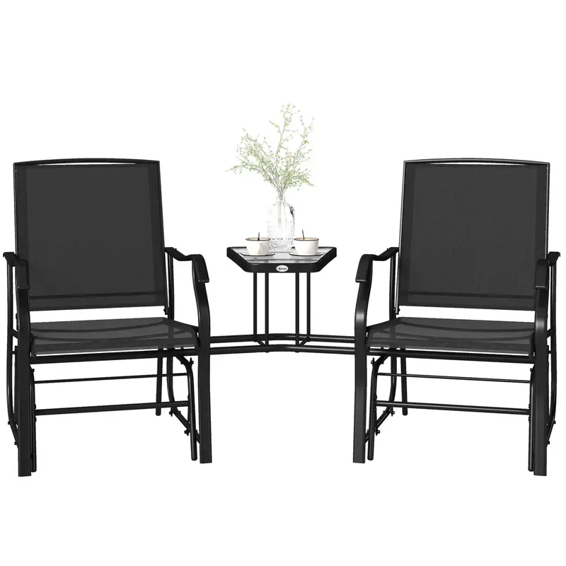 Double Patio Glider Chair With Glass Top Center Table, All Weather Breathable Mesh Fabric, Black 2
