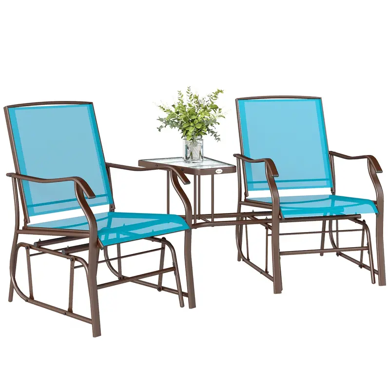 Double Patio Glider Chair With Glass Top Center Table, All Weather Breathable Mesh Fabric, Blue 1