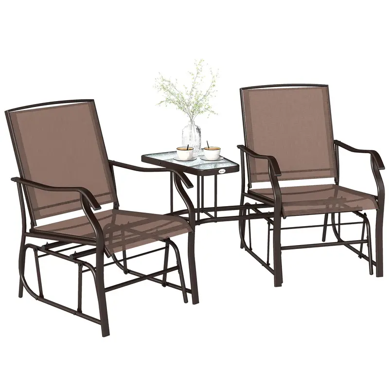 Double Patio Glider Chair With Glass Top Center Table, All Weather Breathable Mesh Fabric, Brown 1