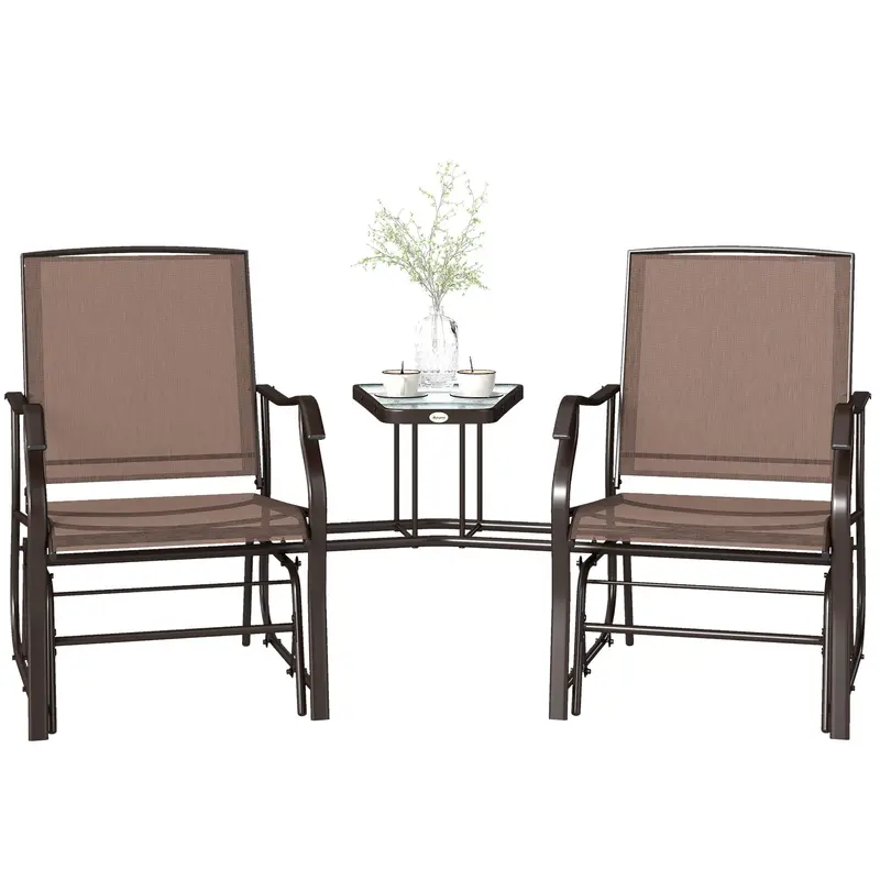 Double Patio Glider Chair With Glass Top Center Table, All Weather Breathable Mesh Fabric, Brown 2