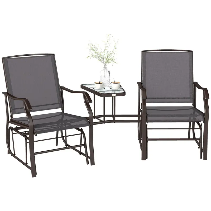 Double Patio Glider Chair With Glass Top Center Table, All Weather Breathable Mesh Fabric, Grey 1