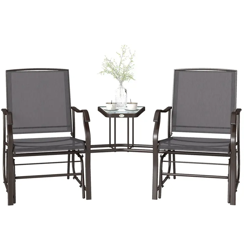Double Patio Glider Chair With Glass Top Center Table, All Weather Breathable Mesh Fabric, Grey 2