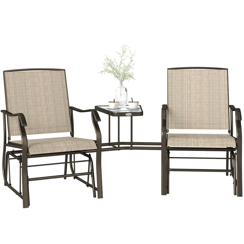 Double Patio Glider Chair With Glass Top Center Table, All Weather Breathable Mesh Fabric, Light Brown 1