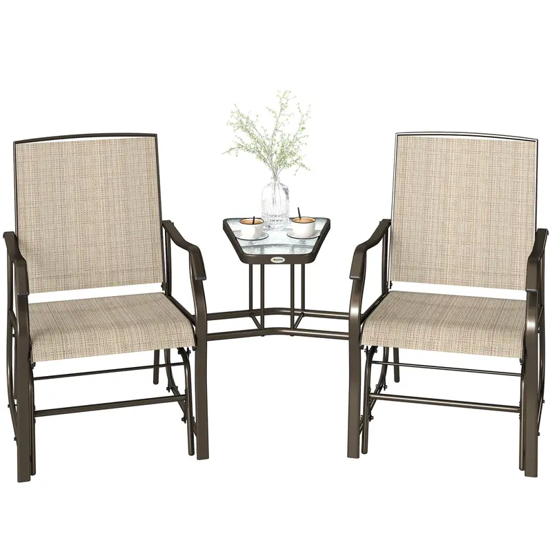 Double Patio Glider Chair With Glass Top Center Table, All Weather Breathable Mesh Fabric, Light Brown 2