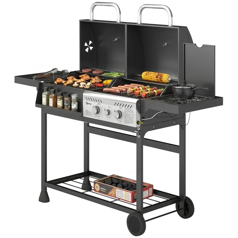 Dual Fuel Bbq Grill With Charcoal And 2+1 Gas Burners, Black 1