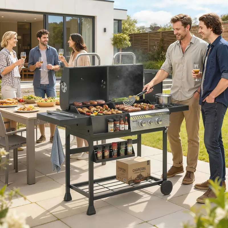 Dual Fuel Bbq Grill With Charcoal And 2+1 Gas Burners, Black 2