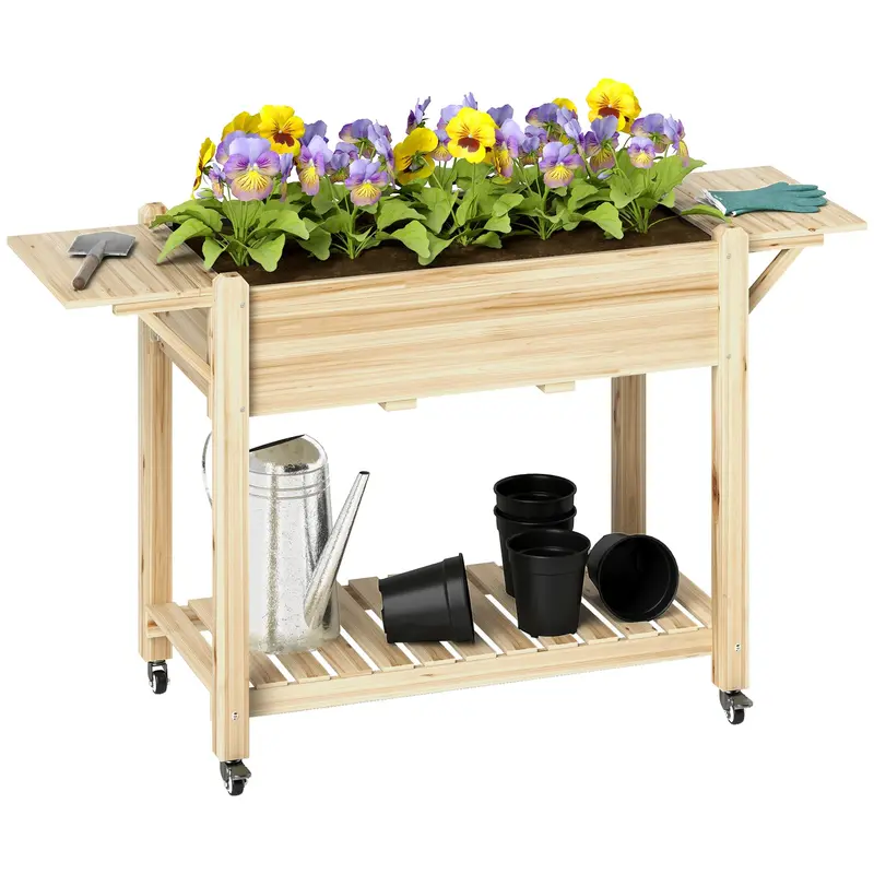 Elevated Wood Raised Garden Bed With Lockable Wheels & Foldable Side Tables, Natural 1