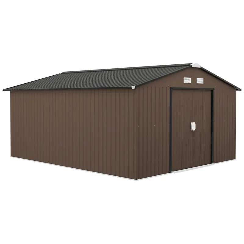 Everbase 11' X 13' Metal Garden Storage Shed With Foundation Kit & Double Doors, Brown 1