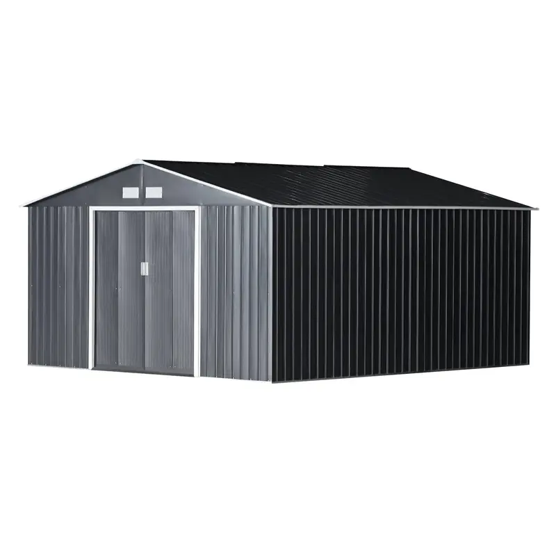 Everbase 11' X 13' Metal Garden Storage Shed With Foundation Kit & Double Doors, Grey 2