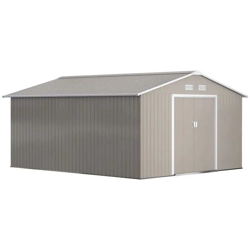 Everbase 11' X 13' Metal Garden Storage Shed With Foundation Kit & Double Doors, Light Grey 1