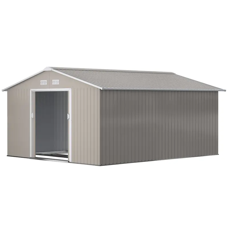Everbase 11' X 13' Metal Garden Storage Shed With Foundation Kit & Double Doors, Light Grey 2