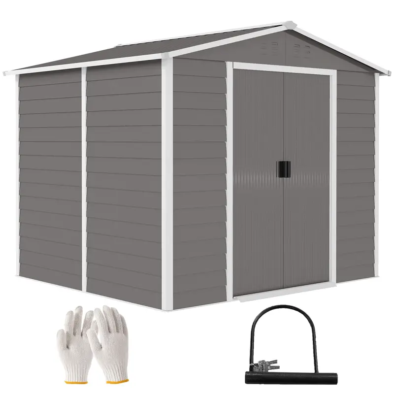 Everbase 8' X 7' Upgraded Storage Shed With Floor Frame And Gloves, Light Grey 1