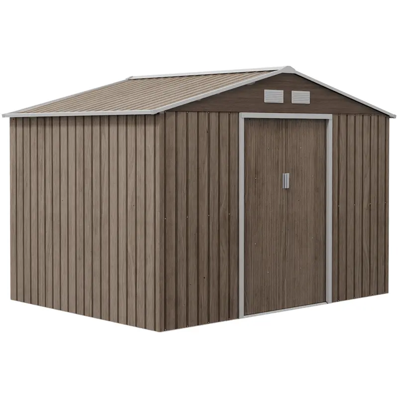Everbase 9' X 6' Metal Garden Storage Shed With Foundation Kit & Double Doors, Distressed Light Brown 1