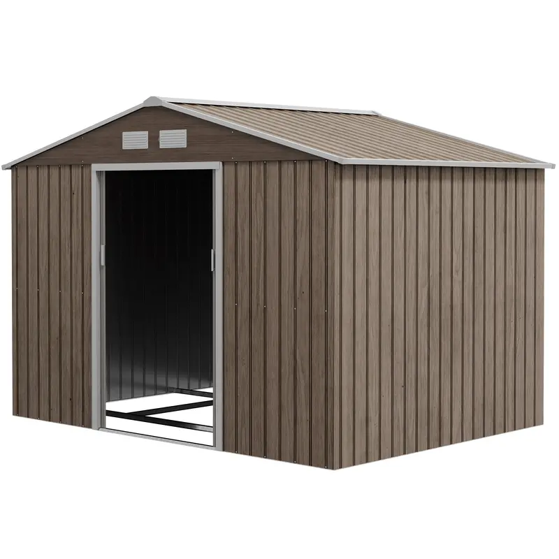 Everbase 9' X 6' Metal Garden Storage Shed With Foundation Kit & Double Doors, Distressed Light Brown 2