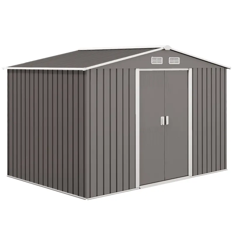Everbase 9' X 6' Metal Garden Storage Shed With Foundation Kit & Double Doors, Grey 1