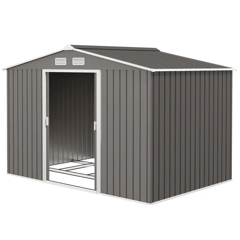Everbase 9' X 6' Metal Garden Storage Shed With Foundation Kit & Double Doors, Grey 2