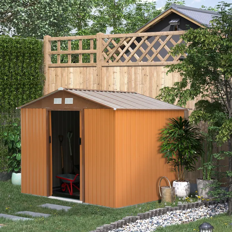 Everbase 9' X 6' Metal Garden Storage Shed With Foundation Kit & Double Doors, Yellow 2