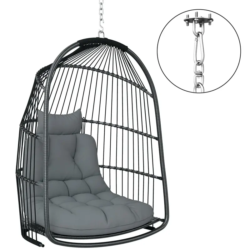 Foldable Hanging Egg Chair With Cushion, Headrest And Kit, Dark Grey 1